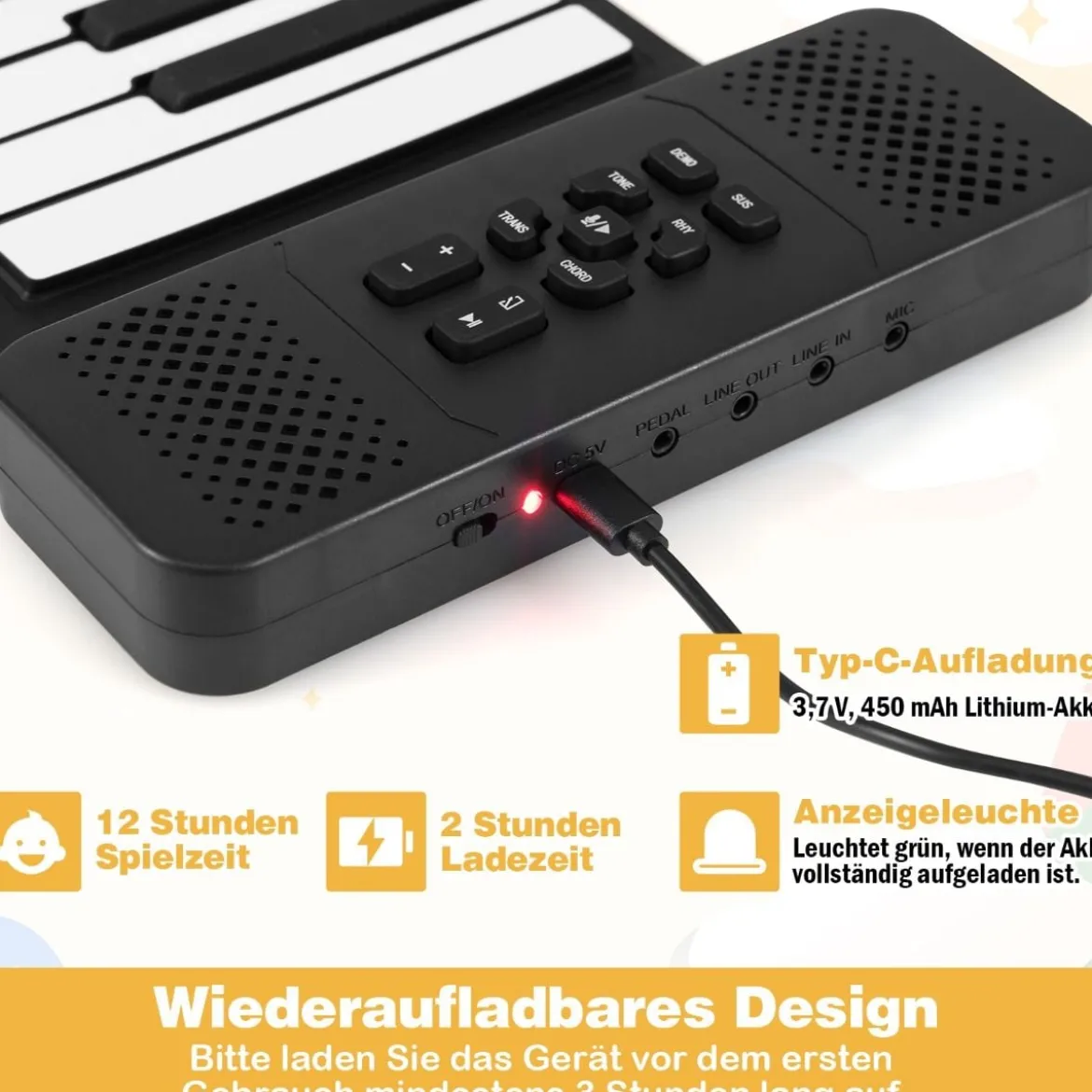 88 Tasten Roll-Up Klavier faltbares Klavierkeyboard mit 128 Rhythmen 128 Tönen & 14 Demos Schwarz + Weiß