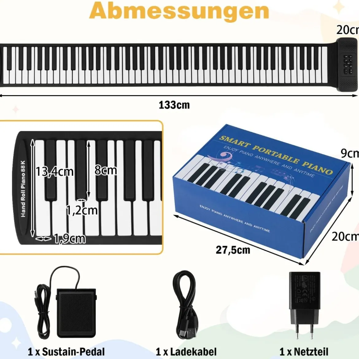 88 Tasten Roll-Up Klavier faltbares Klavierkeyboard mit 128 Rhythmen 128 Tönen & 14 Demos Schwarz + Weiß