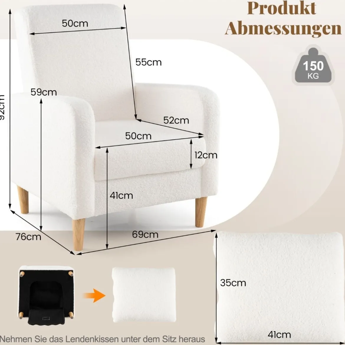 Teddy Sessel mit Lendenkissen & Holzbeine Gepolsterter Loungesessel bis 150 kg Belastbar Beige