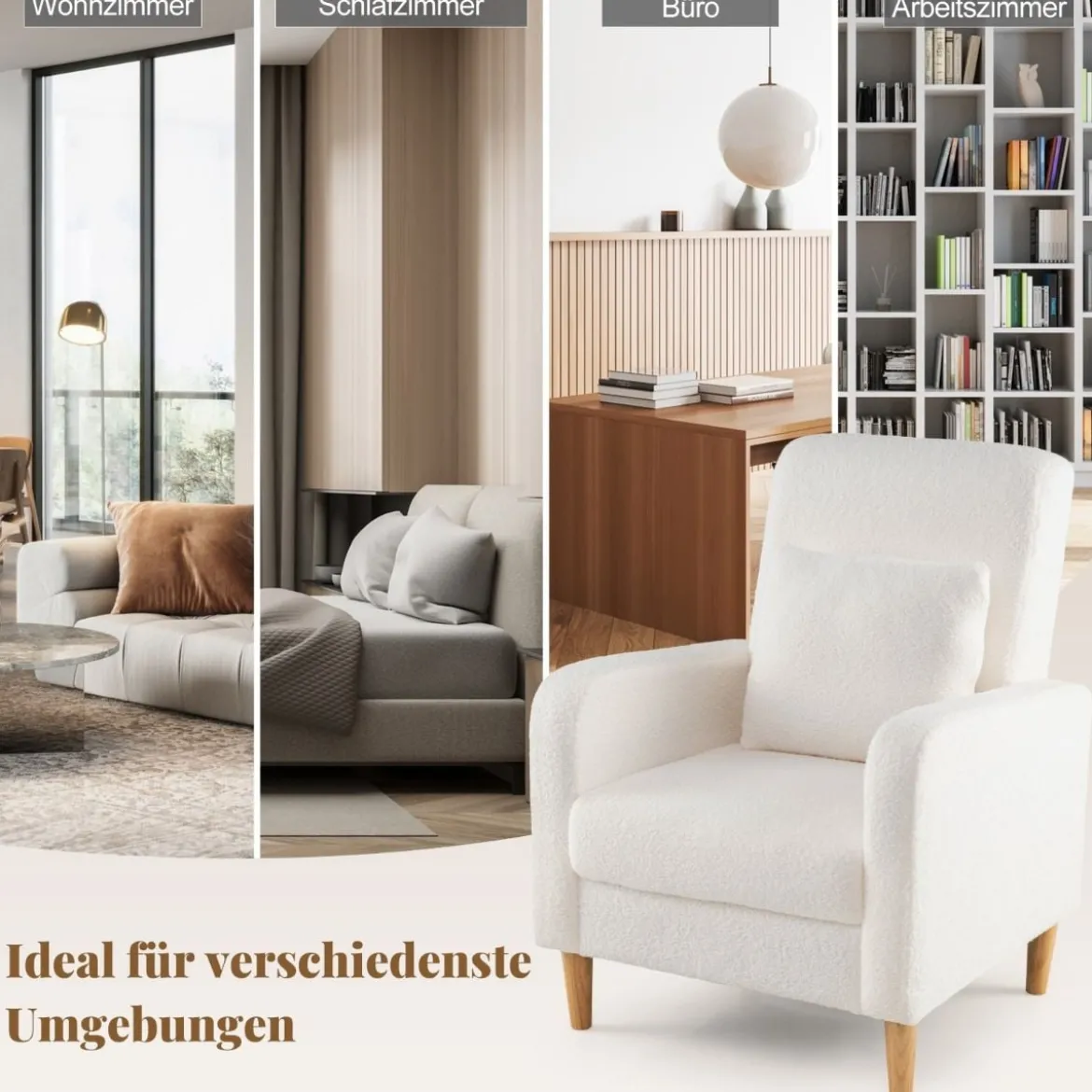 Teddy Sessel mit Lendenkissen & Holzbeine Gepolsterter Loungesessel bis 150 kg Belastbar Beige