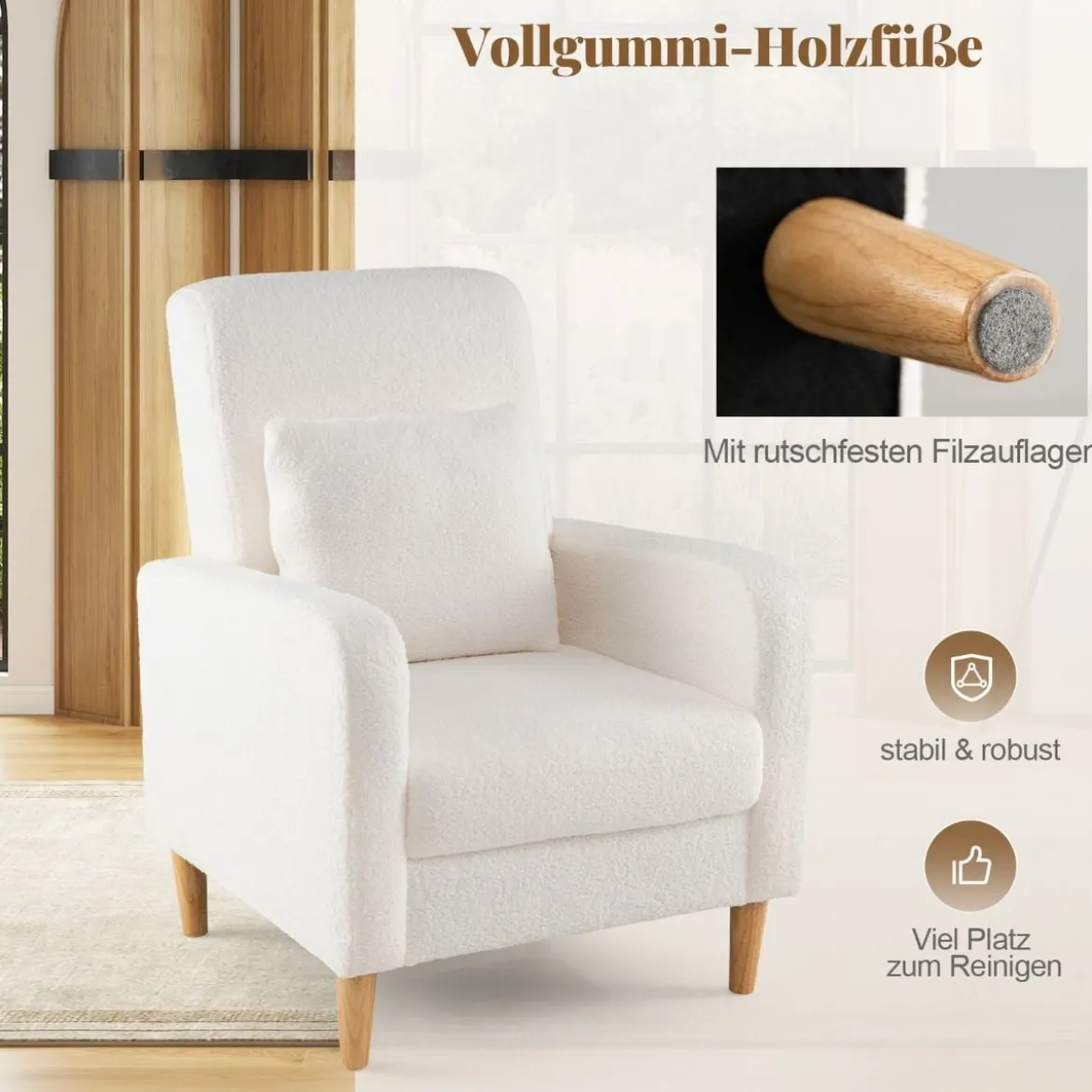 Teddy Sessel mit Lendenkissen & Holzbeine Gepolsterter Loungesessel bis 150 kg Belastbar Beige