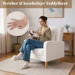 Teddy Sessel mit Lendenkissen & Holzbeine Gepolsterter Loungesessel bis 150 kg Belastbar Beige