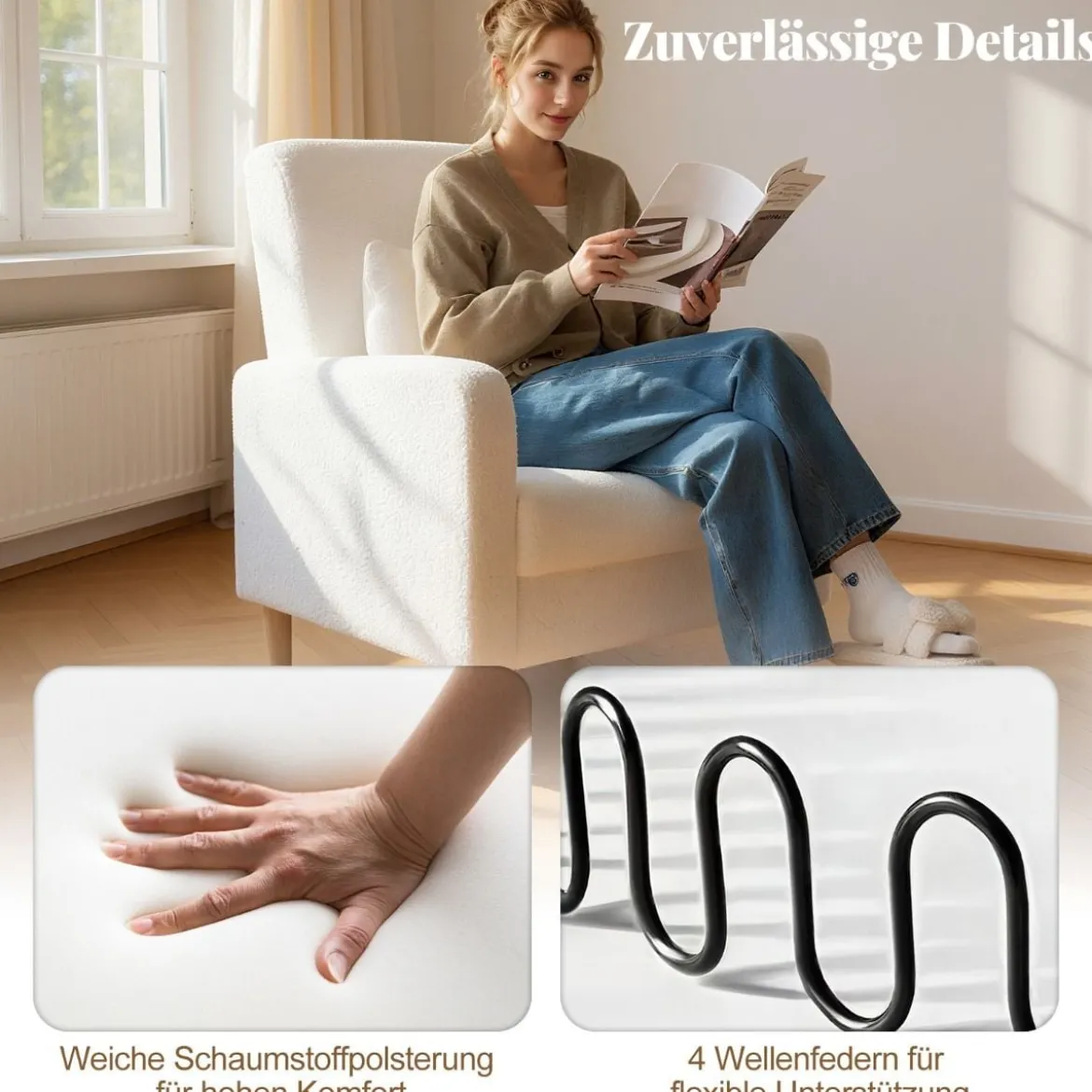 Teddy Sessel mit Lendenkissen & Holzbeine Gepolsterter Loungesessel bis 150 kg Belastbar Beige