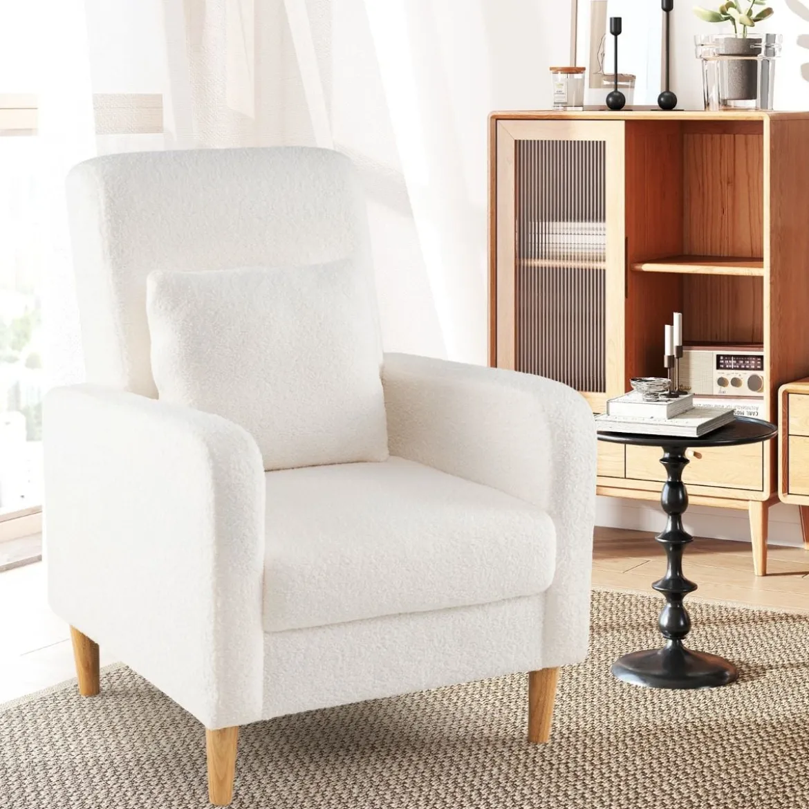 Teddy Sessel mit Lendenkissen & Holzbeine Gepolsterter Loungesessel bis 150 kg Belastbar Beige