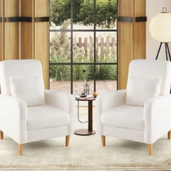 Teddy Sessel mit Lendenkissen & Holzbeine Gepolsterter Loungesessel bis 150 kg Belastbar Beige