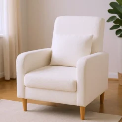 Teddy Sessel mit Lendenkissen & Holzbeine Gepolsterter Loungesessel bis 150 kg Belastbar Beige