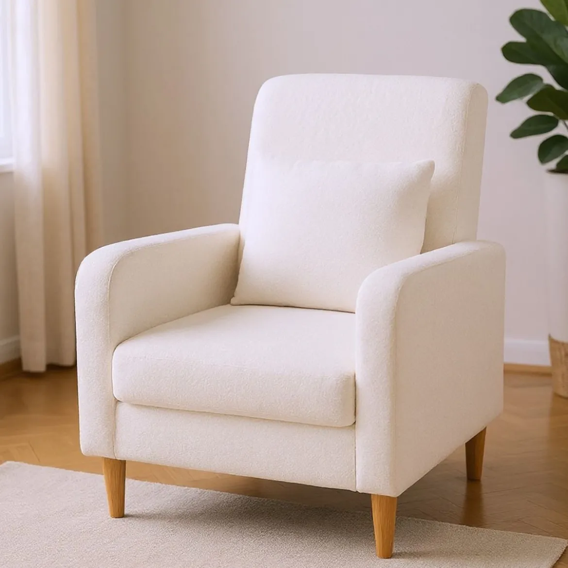 Teddy Sessel mit Lendenkissen & Holzbeine Gepolsterter Loungesessel bis 150 kg Belastbar Beige