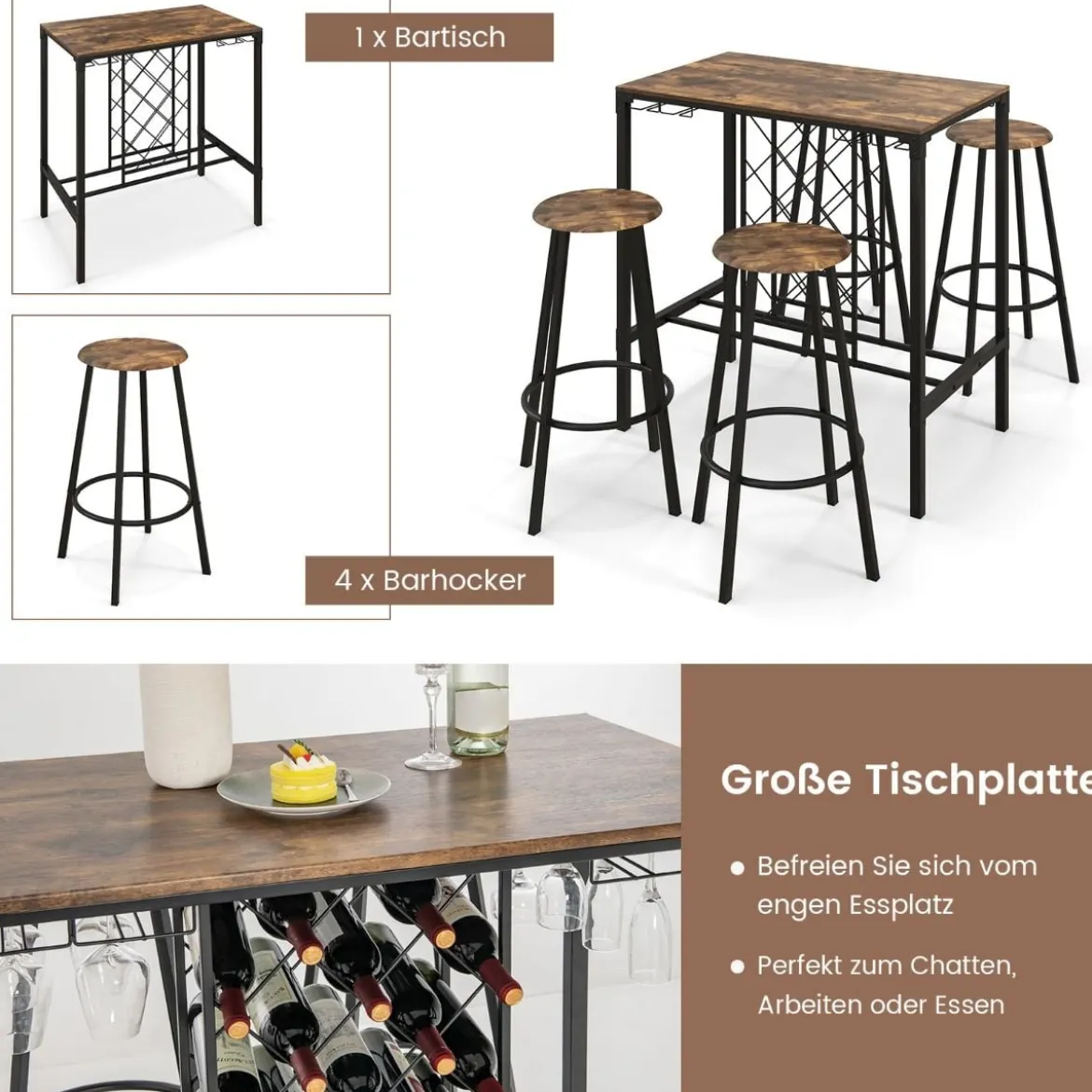 5-teilig Bartisch mit 4 Barhockern & Weinregal & Glashalterfür 4 Personen Retro-Braun