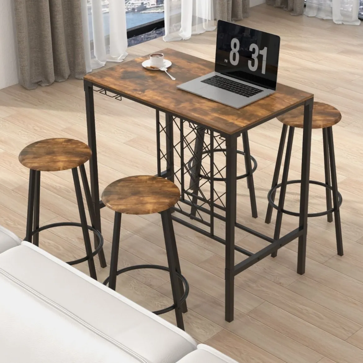 5-teilig Bartisch mit 4 Barhockern & Weinregal & Glashalterfür 4 Personen Retro-Braun