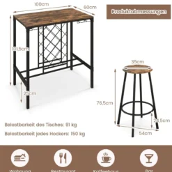 5-teilig Bartisch mit 4 Barhockern & Weinregal & Glashalterfür 4 Personen Retro-Braun
