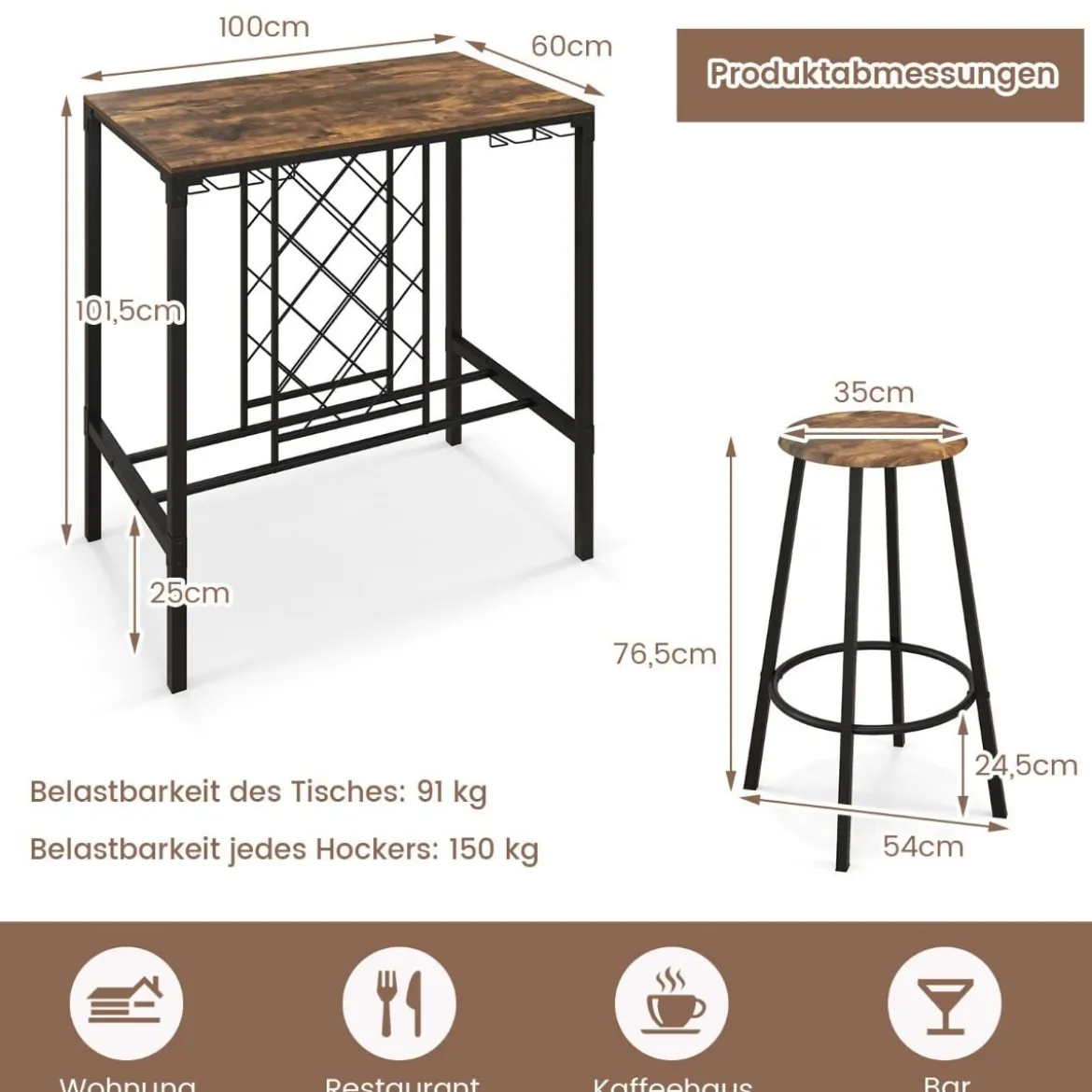 5-teilig Bartisch mit 4 Barhockern & Weinregal & Glashalterfür 4 Personen Retro-Braun