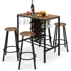 5-teilig Bartisch mit 4 Barhockern & Weinregal & Glashalterfür 4 Personen Retro-Braun