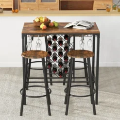 5-teilig Bartisch mit 4 Barhockern & Weinregal & Glashalterfür 4 Personen Retro-Braun