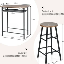 3-teilig Bartisch mit 2 Barhockern Esstisch Holz Rechteckiges Set Braun
