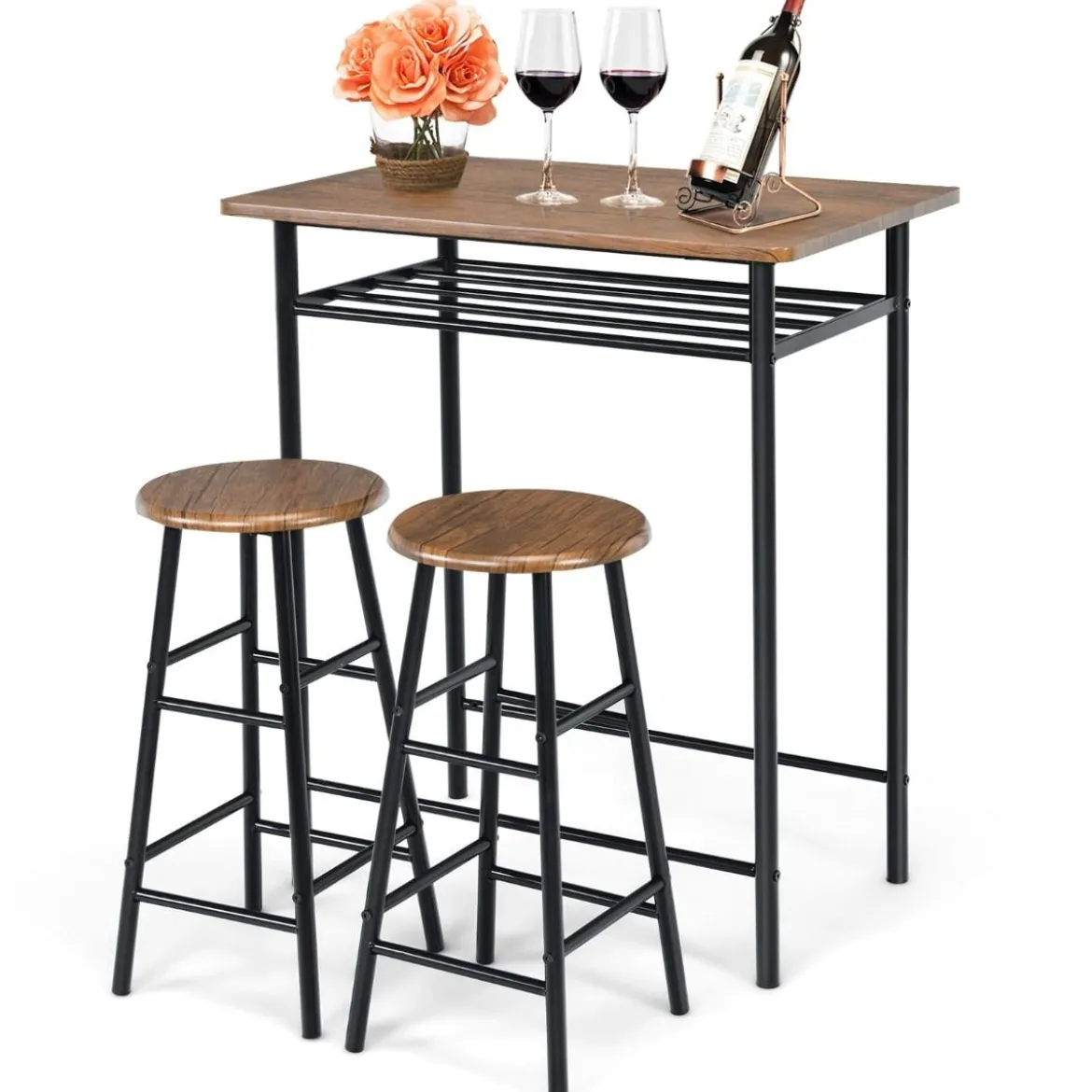 3-teilig Bartisch mit 2 Barhockern Esstisch Holz Rechteckiges Set Braun