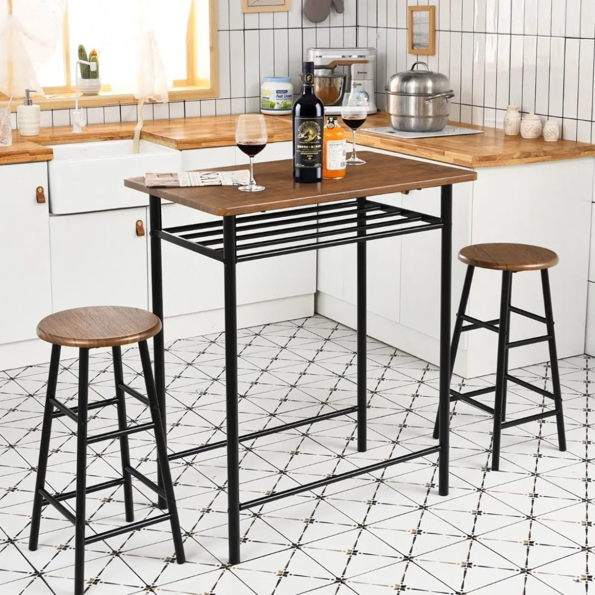 3-teilig Bartisch mit 2 Barhockern Esstisch Holz Rechteckiges Set Braun
