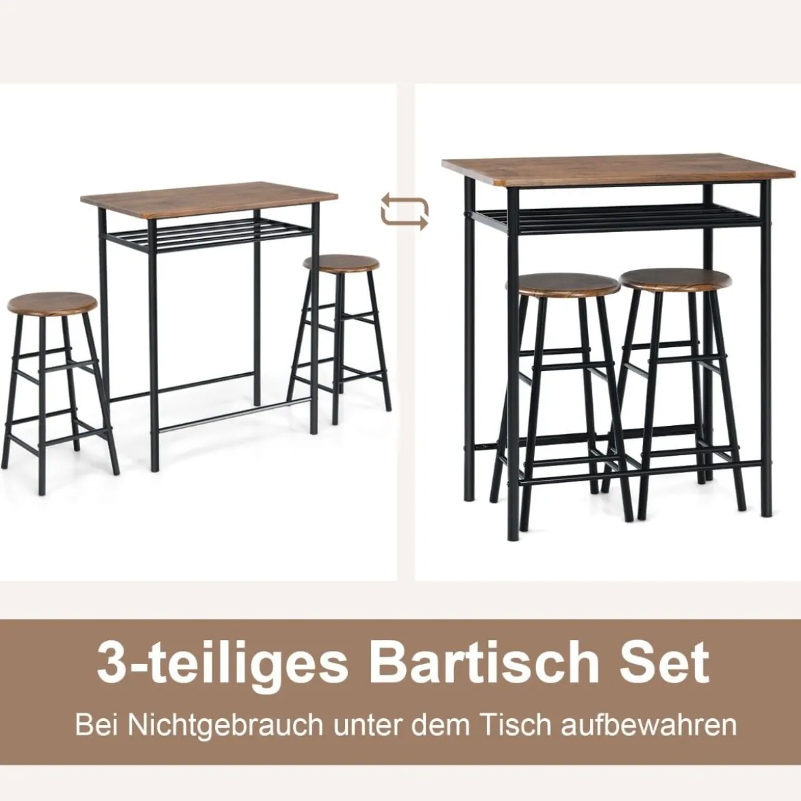 3-teilig Bartisch mit 2 Barhockern Esstisch Holz Rechteckiges Set Braun