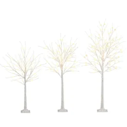 3-teilig Beleuchtetes Birkenbaum-Set 120/150/180cm vorgelichteter künstlicher Weihnachtsbaum Weiß