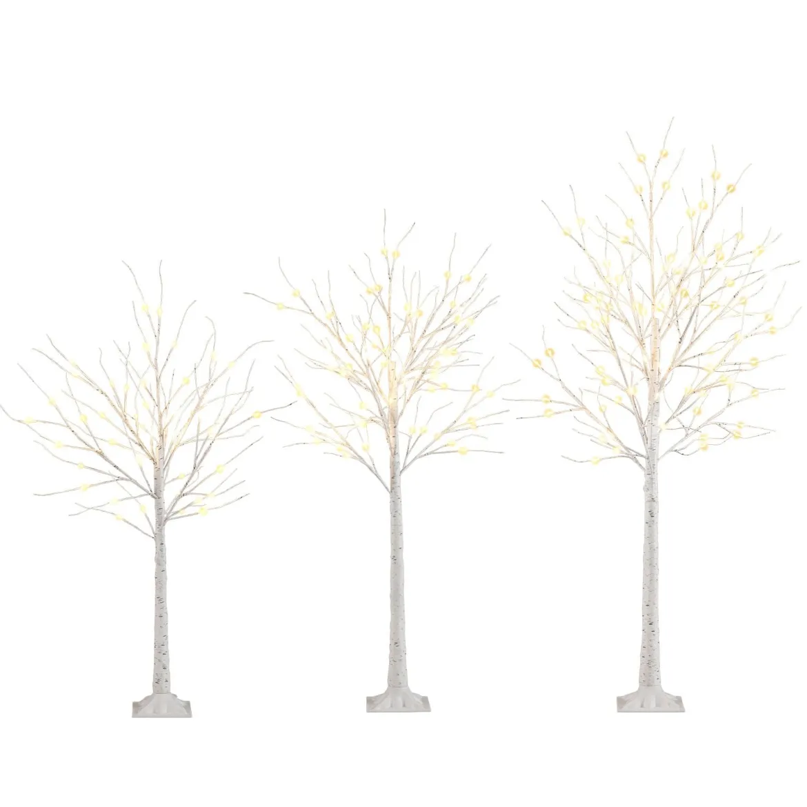 3-teilig Beleuchtetes Birkenbaum-Set 120/150/180cm vorgelichteter künstlicher Weihnachtsbaum Weiß