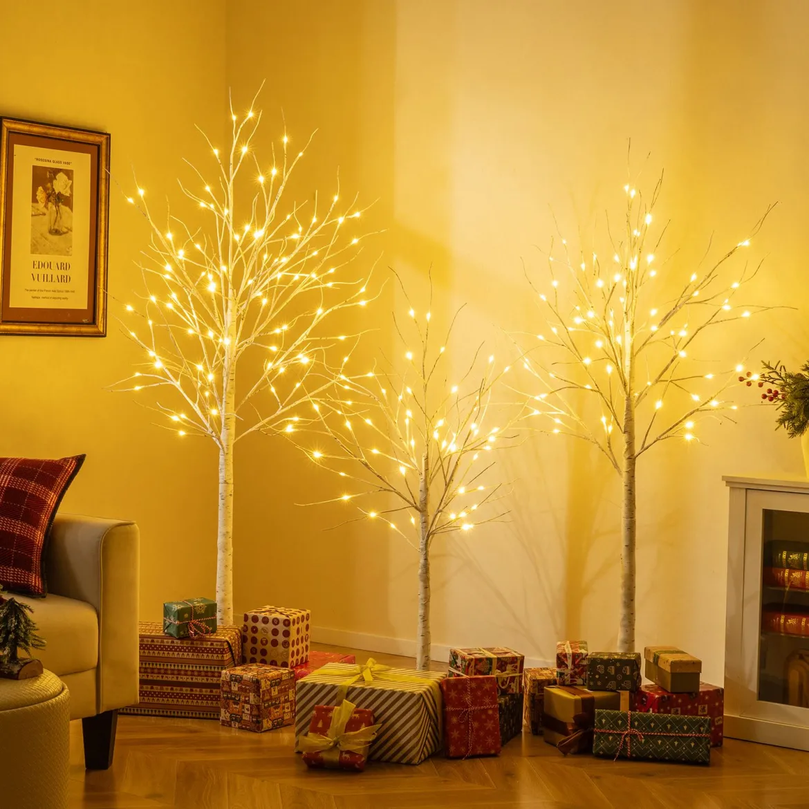 3-teilig Beleuchtetes Birkenbaum-Set 120/150/180cm vorgelichteter künstlicher Weihnachtsbaum Weiß