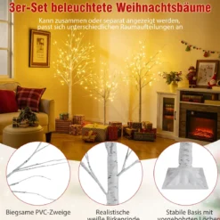 3-teilig Beleuchtetes Birkenbaum-Set 120/150/180cm vorgelichteter künstlicher Weihnachtsbaum Weiß