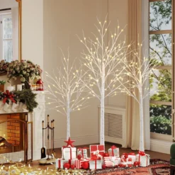 3-teilig Beleuchtetes Birkenbaum-Set 120/150/180cm vorgelichteter künstlicher Weihnachtsbaum Weiß