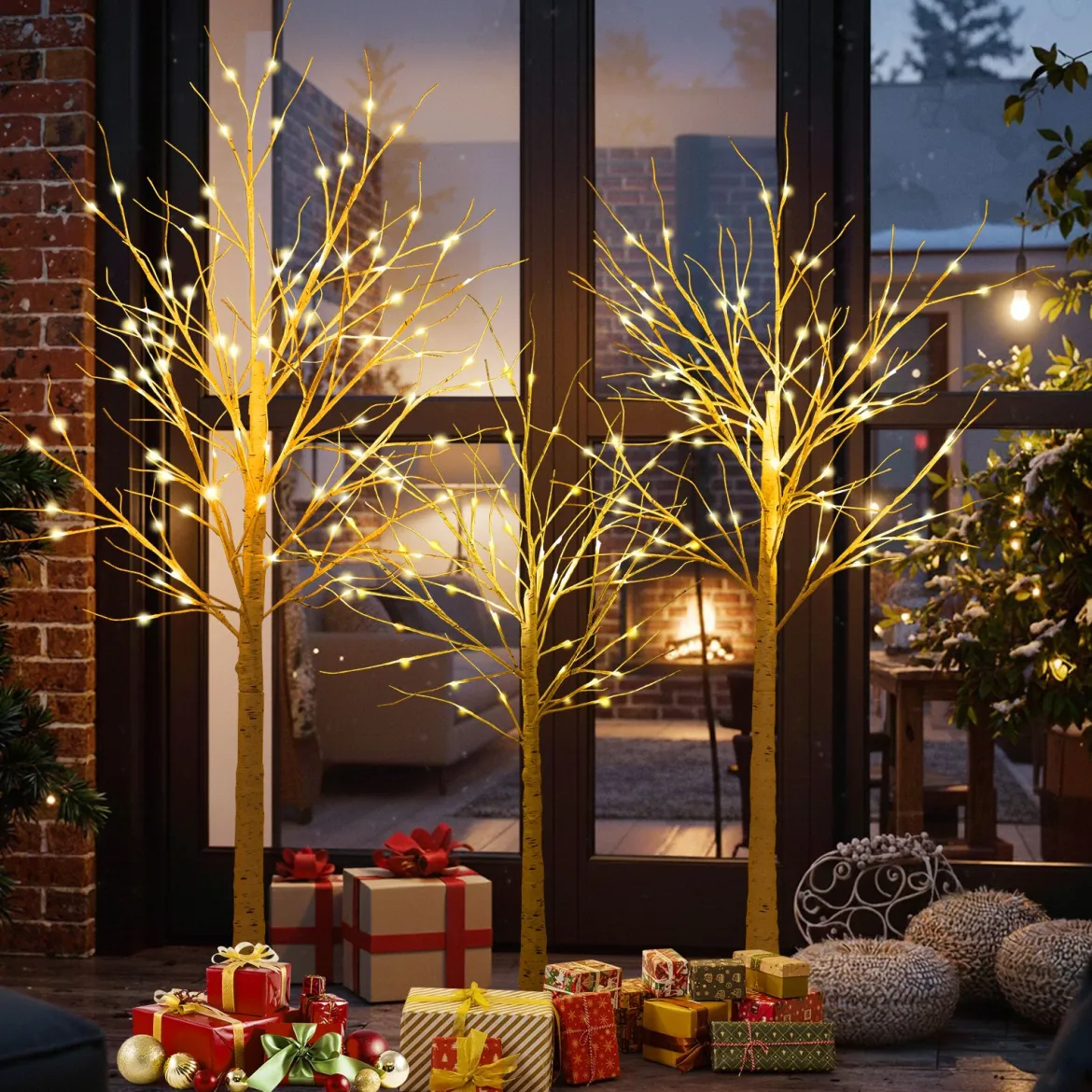3-teilig Beleuchtetes Birkenbaum-Set 120/150/180cm vorgelichteter künstlicher Weihnachtsbaum Weiß