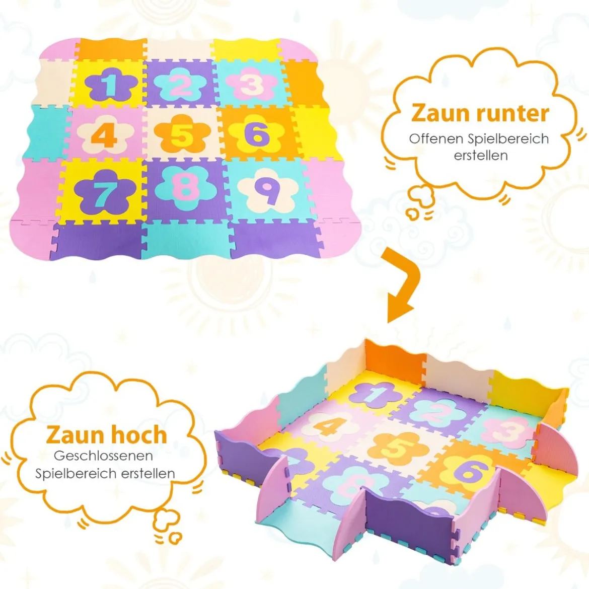 75-teilige Baby-Spielmatte Baby EVA-Bodenmatte Puzzlematte mit Zaun Bunt