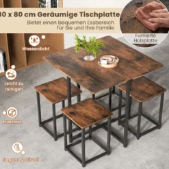 5-teilige Essgruppe Esszimmergarnitur Tischgruppe Küchentisch und 4 Stühle Rustikalbraun