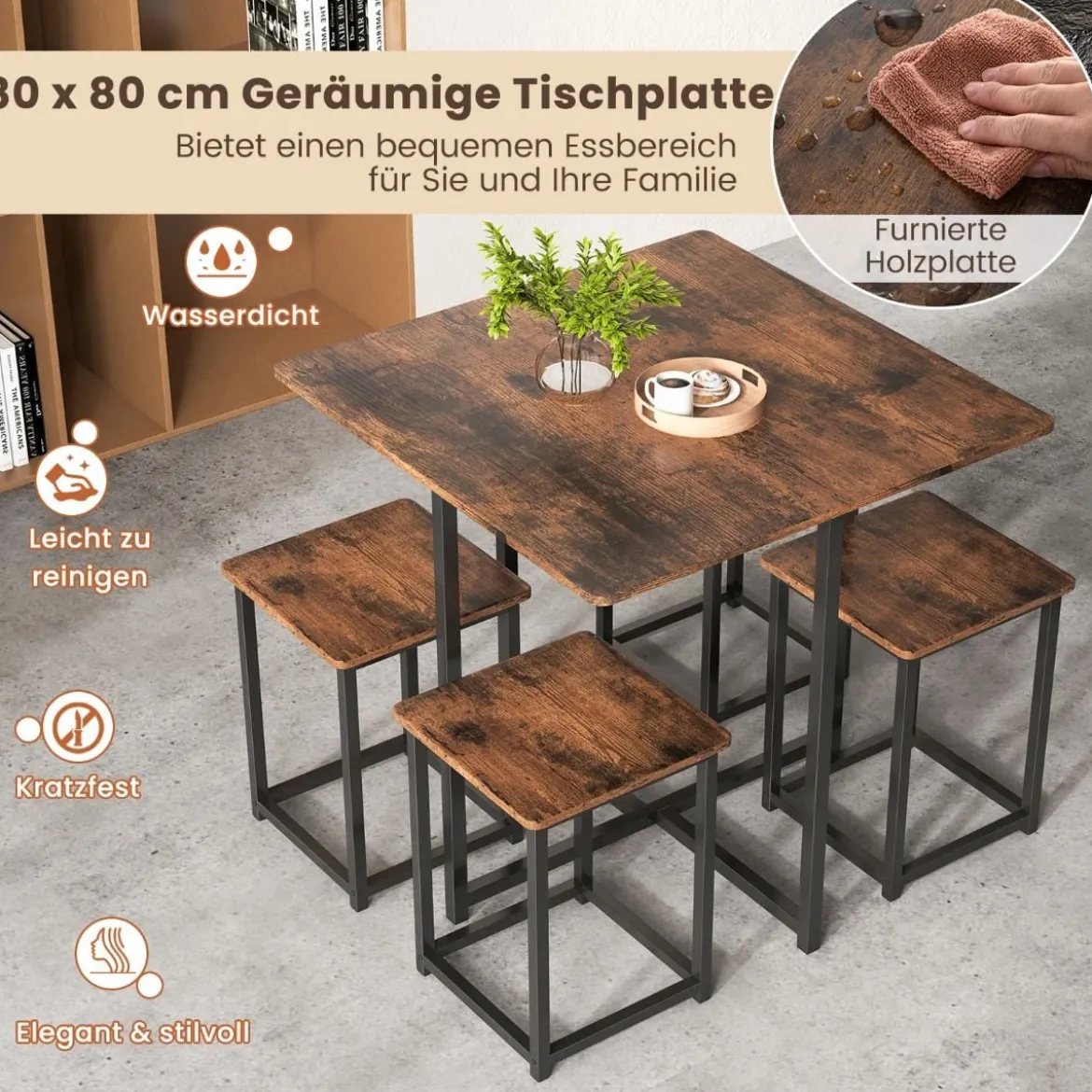 5-teilige Essgruppe Esszimmergarnitur Tischgruppe Küchentisch und 4 Stühle Rustikalbraun