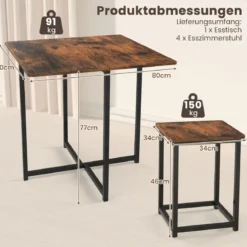 5-teilige Essgruppe Esszimmergarnitur Tischgruppe Küchentisch und 4 Stühle Rustikalbraun