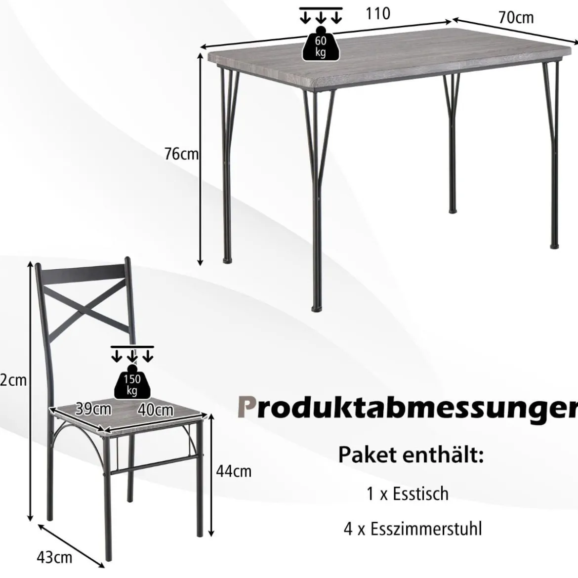 5-teilige Essgruppe für 4 Personen moderner rechteckiger Esstisch und 4 Esszimmerstühle Grau und Schwarz