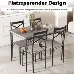 5-teilige Essgruppe für 4 Personen moderner rechteckiger Esstisch und 4 Esszimmerstühle Grau und Schwarz
