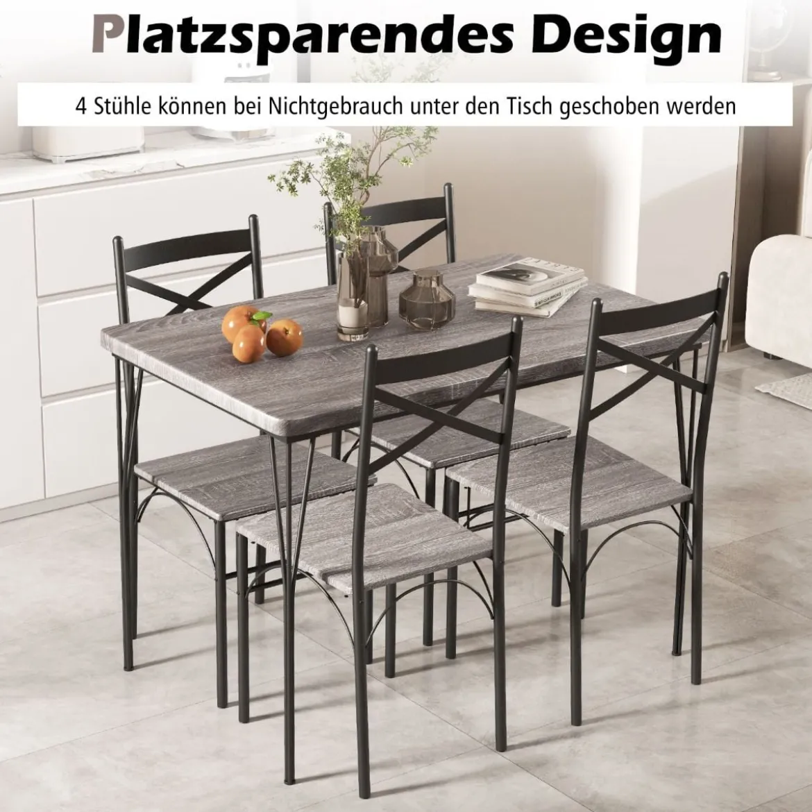 5-teilige Essgruppe für 4 Personen moderner rechteckiger Esstisch und 4 Esszimmerstühle Grau und Schwarz