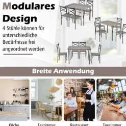 5-teilige Essgruppe für 4 Personen moderner rechteckiger Esstisch und 4 Esszimmerstühle Grau und Schwarz