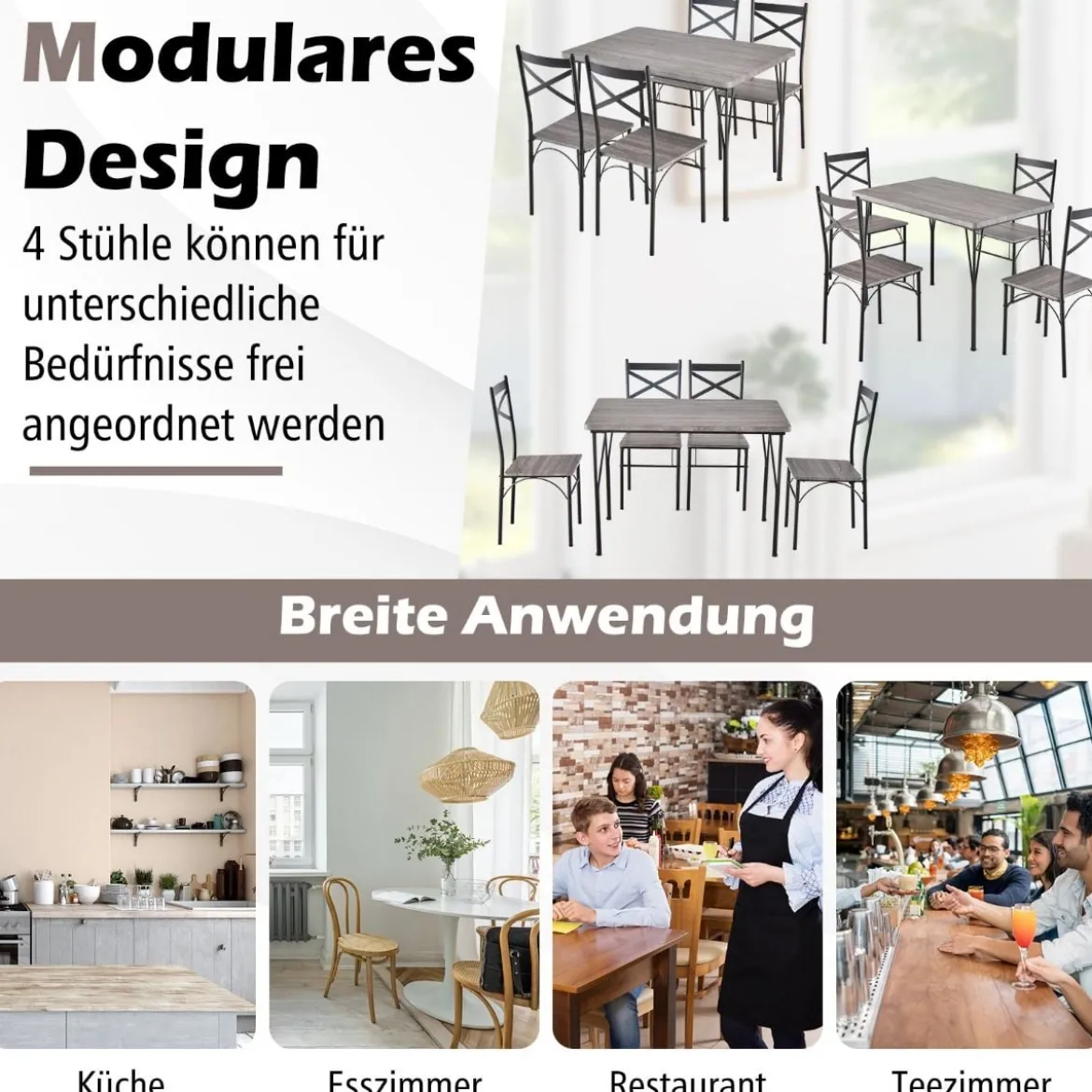 5-teilige Essgruppe für 4 Personen moderner rechteckiger Esstisch und 4 Esszimmerstühle Grau und Schwarz