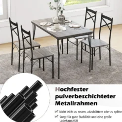 5-teilige Essgruppe für 4 Personen moderner rechteckiger Esstisch und 4 Esszimmerstühle Grau und Schwarz
