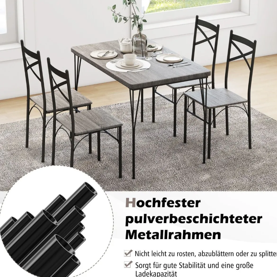 5-teilige Essgruppe für 4 Personen moderner rechteckiger Esstisch und 4 Esszimmerstühle Grau und Schwarz