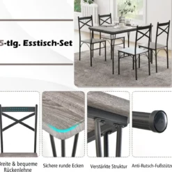 5-teilige Essgruppe für 4 Personen moderner rechteckiger Esstisch und 4 Esszimmerstühle Grau und Schwarz