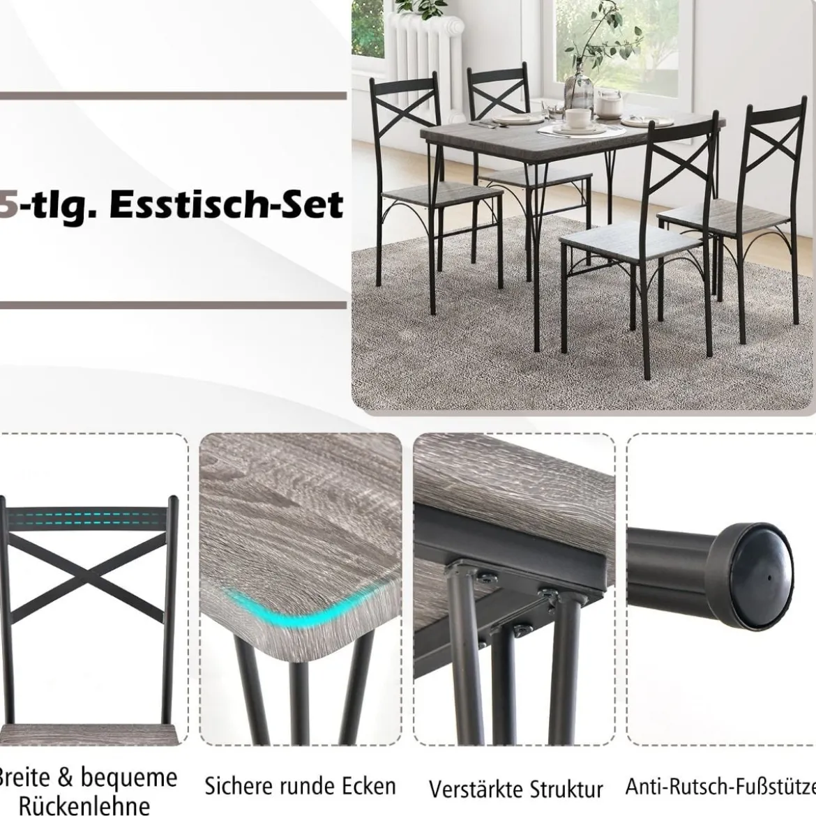 5-teilige Essgruppe für 4 Personen moderner rechteckiger Esstisch und 4 Esszimmerstühle Grau und Schwarz