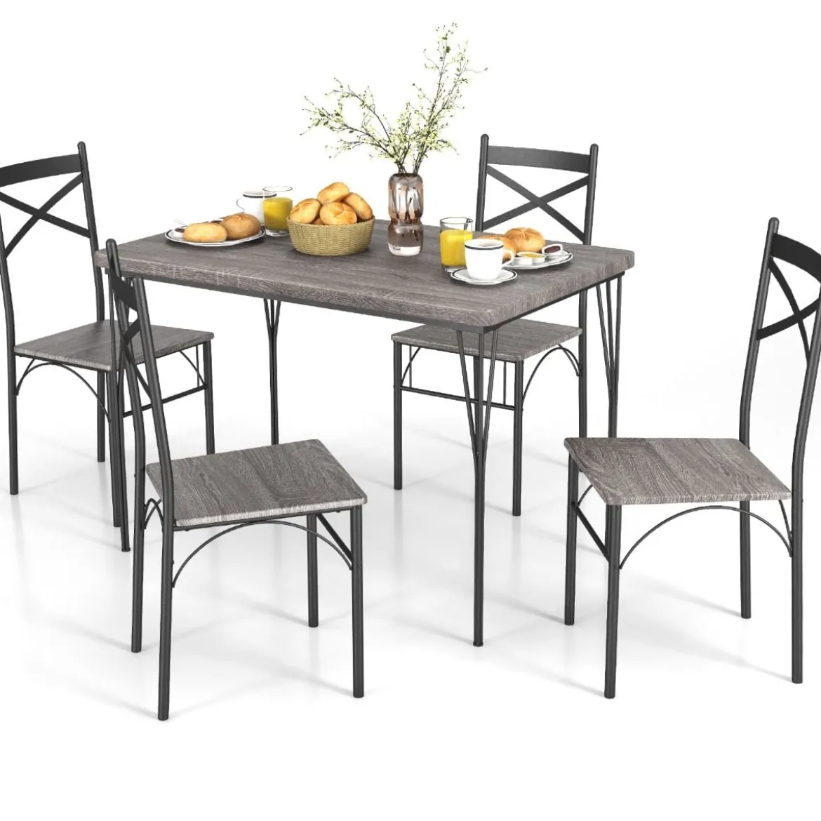 5-teilige Essgruppe für 4 Personen moderner rechteckiger Esstisch und 4 Esszimmerstühle Grau und Schwarz