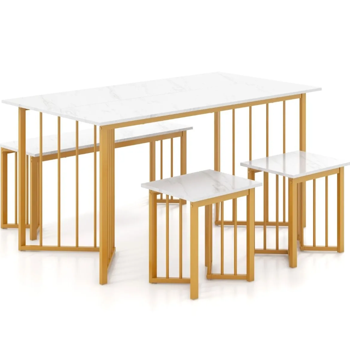 4-teilige Esszimmergruppe mit 2 Stühlen & Tisch & Bank Moderne Marmor Esstisch Set Weiß + Golden