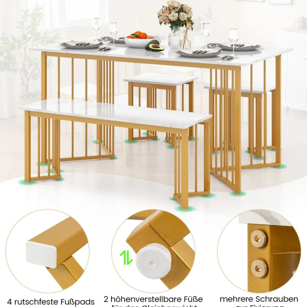 4-teilige Esszimmergruppe mit 2 Stühlen & Tisch & Bank Moderne Marmor Esstisch Set Weiß + Golden