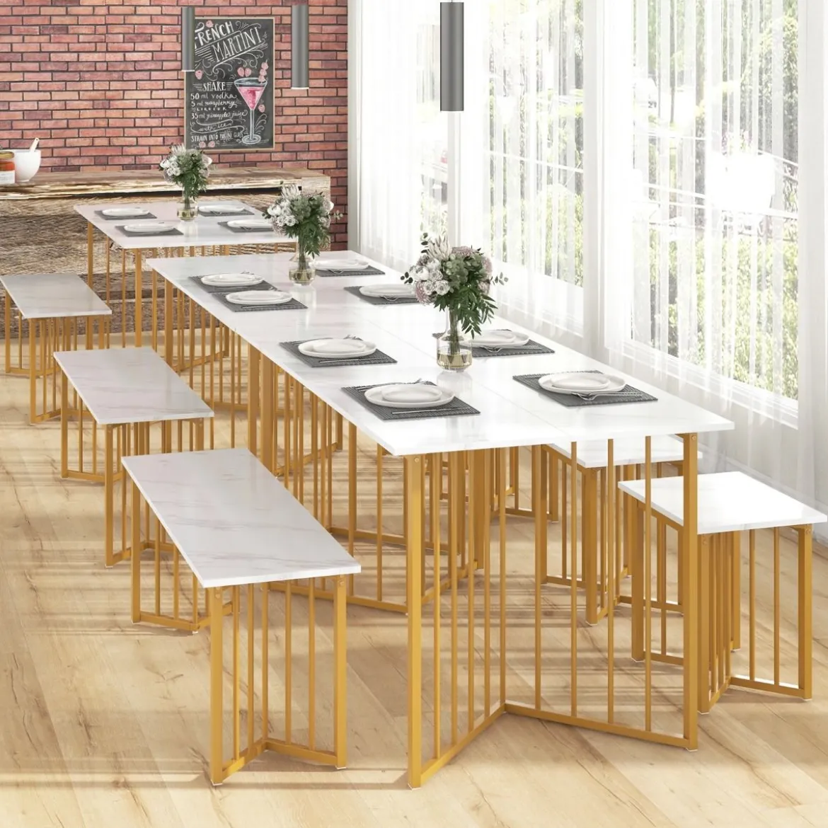 4-teilige Esszimmergruppe mit 2 Stühlen & Tisch & Bank Moderne Marmor Esstisch Set Weiß + Golden