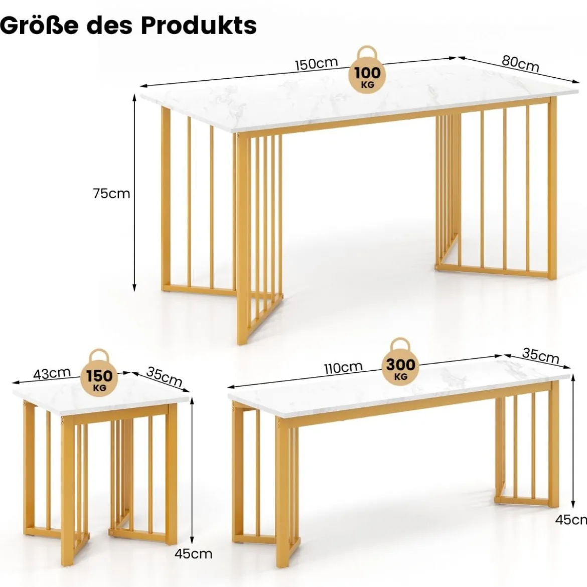 4-teilige Esszimmergruppe mit 2 Stühlen & Tisch & Bank Moderne Marmor Esstisch Set Weiß + Golden