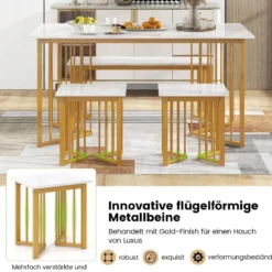 4-teilige Esszimmergruppe mit 2 Stühlen & Tisch & Bank Moderne Marmor Esstisch Set Weiß + Golden
