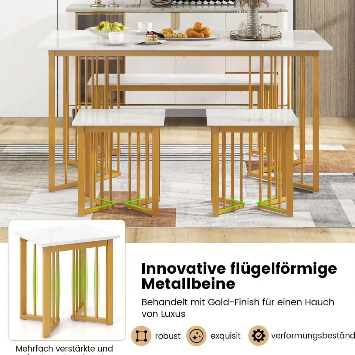 4-teilige Esszimmergruppe mit 2 Stühlen & Tisch & Bank Moderne Marmor Esstisch Set Weiß + Golden