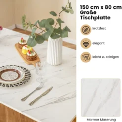 4-teilige Esszimmergruppe mit 2 Stühlen & Tisch & Bank Moderne Marmor Esstisch Set Weiß + Golden