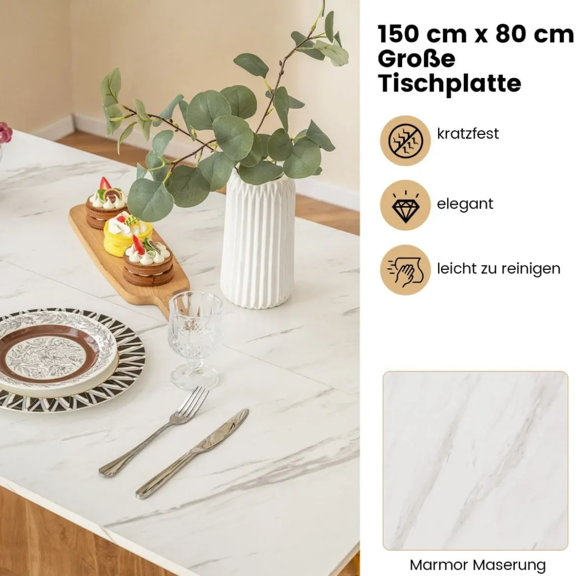 4-teilige Esszimmergruppe mit 2 Stühlen & Tisch & Bank Moderne Marmor Esstisch Set Weiß + Golden