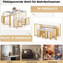 4-teilige Esszimmergruppe mit 2 Stühlen & Tisch & Bank Moderne Marmor Esstisch Set Weiß + Golden